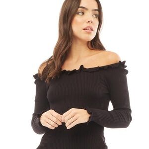 NWT BARDOT Kim Off Shoulder Knit Black Smocked Longsleeve Top